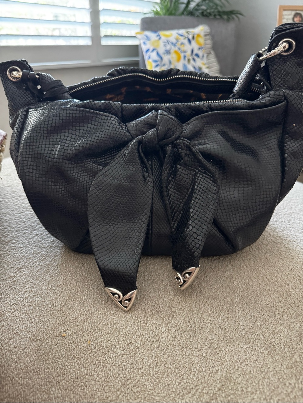 Brighton Black Textured Shoulder Bag with Bow Accent